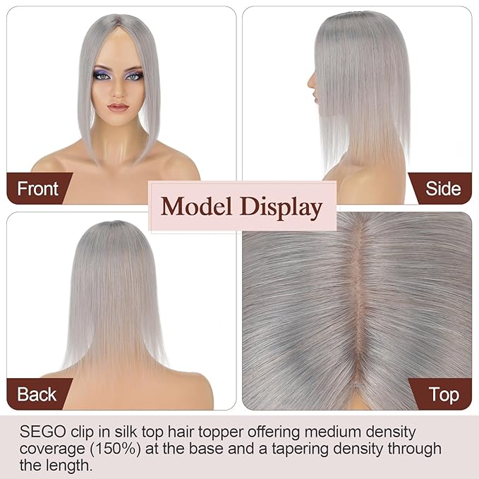 SEGO Hair Topper for Women, No Bangs Real Human Hair Topper with Anti-Slip Clips (8 Inches #Grey)
