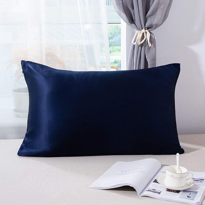 SLPBABY 100% Natural Pure Silk Pillowcase for Hair and Skin, Both Side 19 Momme Silk, Luxury Smooth Satin Pillowcase Cover with Hidden Zipper (Standard(20''x26''), Navy Blue)