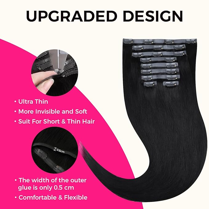 Lashey Seamless Clip in Hair Extensions Human Hair 150g 9pcs #1 Jet Black Straight 20 Inch Clip in Hair Extensions with PU Soft Invisi Edge