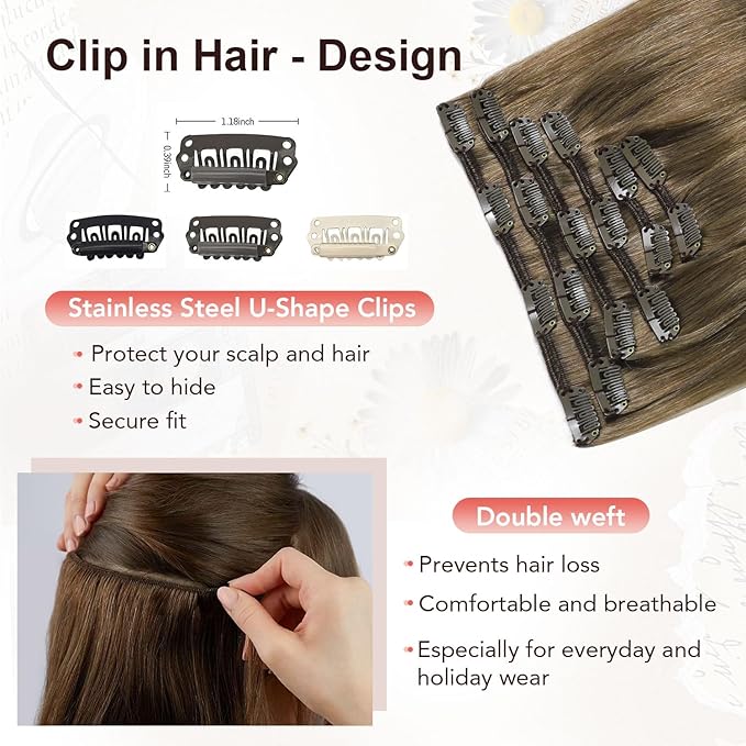 XDhair Clip in Hair Extensions Human Hair,120g 22 Inch Ash Brown Clip in Hair Extensions Straight Remy Hair for Women 6 Pieces (#8,22Inch)