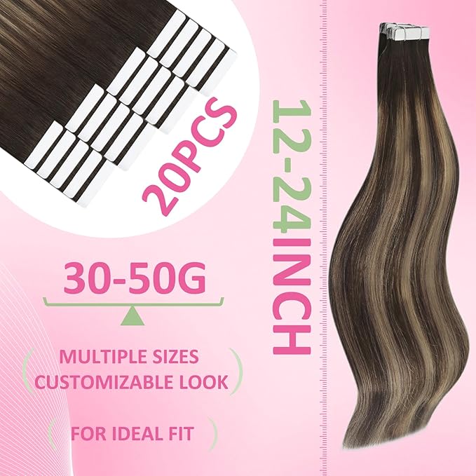YoungSee Tape in Hair Extensions Real Human Hair Brown Balayage Tape in Hair Extensions Ombre Dark Brown to Caramel Blonde Human Hair Tape-in Extension Seamless 14In 20pcs 50g for Wedding