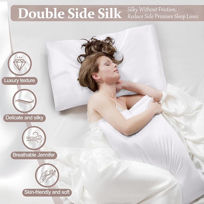 2 Pack 100% Pure Silk Pillowcase for Hair and Skin, Both Sides Mulberry Silk Pillowcases with Hidden Zipper, Cooling Pillowcase 19 Momme, 600 Thread Silk Pillow Cases Queen Size, White