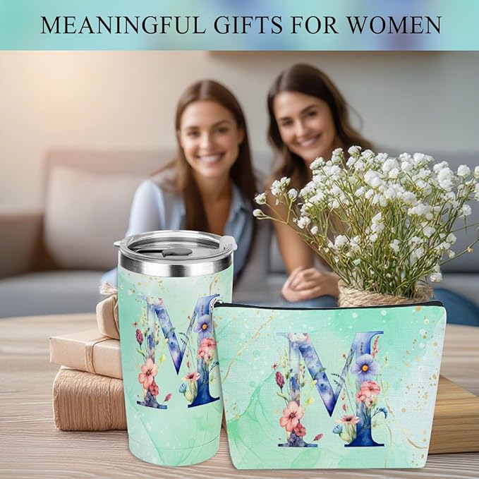 Personalized Gifts Monogrammed Birthday Gifts for Women, Her, Teacher Mother in Law Wedding Christmas Initial 20 oz Tumbler, Makeup Bag Cup Pens Journal Notebook 6 Set, (Aesthetic Green Flower M)