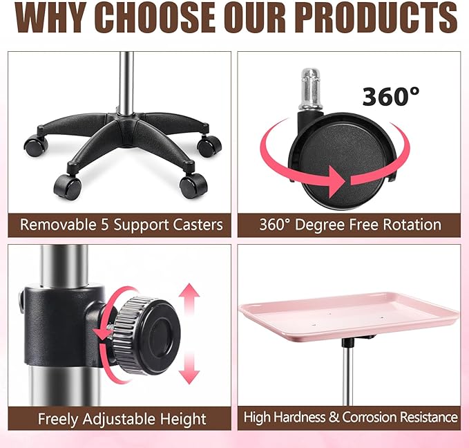 Rolling Salon Tray, Adjustable Salon Tray on Wheels, Premium Aluminum Tattoo Tray Cart for Spa Clinic, Pink