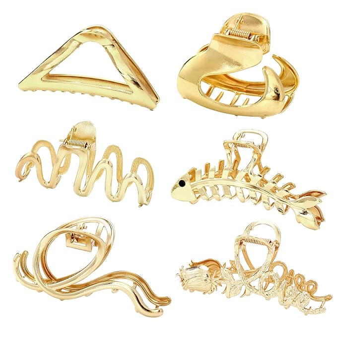 MHDGG Large Metal Hair Claw Clips for Women, 6-Pack Non-Slip Strong Hold Clips for Thin or Thick Curly Hair Styling (Gold)