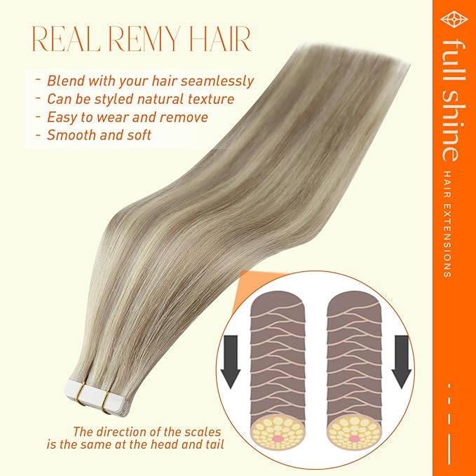 Full Shine Blonde Tape in Hair Extensions Human Hair Color 18 Ash Blonde And 613 Hair Extensions Tape in 16 Inch Straight Invisible Skin Weft 50Gram 20Pcs Seamless Tape ins Extensions for Party