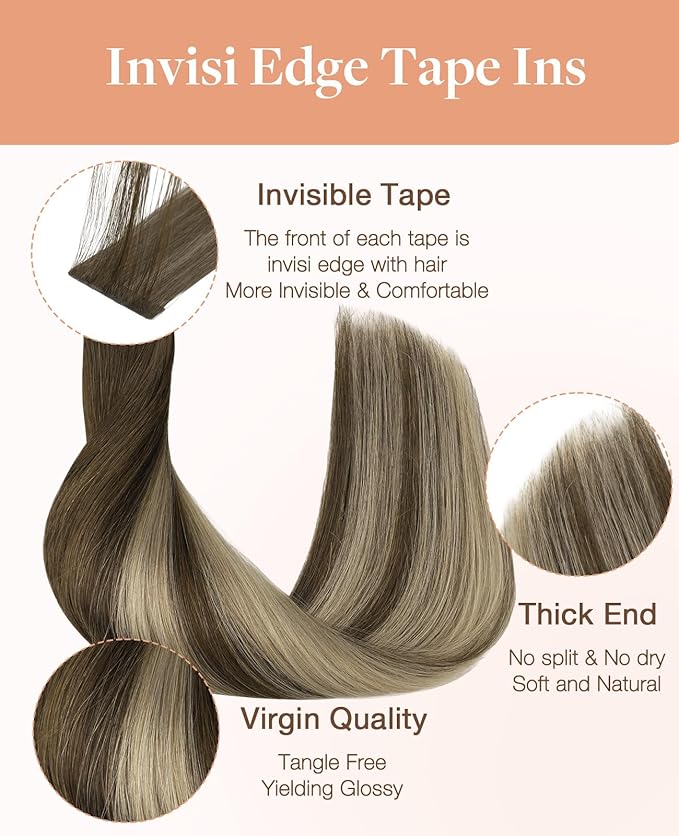 GOO GOO Invisi Edge Tape in Hair Extensions Human Hair, 4/26/4 Balayage Chocolate Brown to Honey Blonde, 20pcs 22inch 50g, Virgin Remy Hair, Seamless Injected Tape, Natural Look