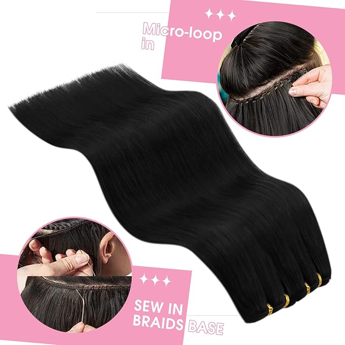 YoungSee Human Hair Weft Extensions Black Sew in Hair Extensions Real Human Hair Jet Black Natural Hair Extensions Weft for Women 16Inch 100G