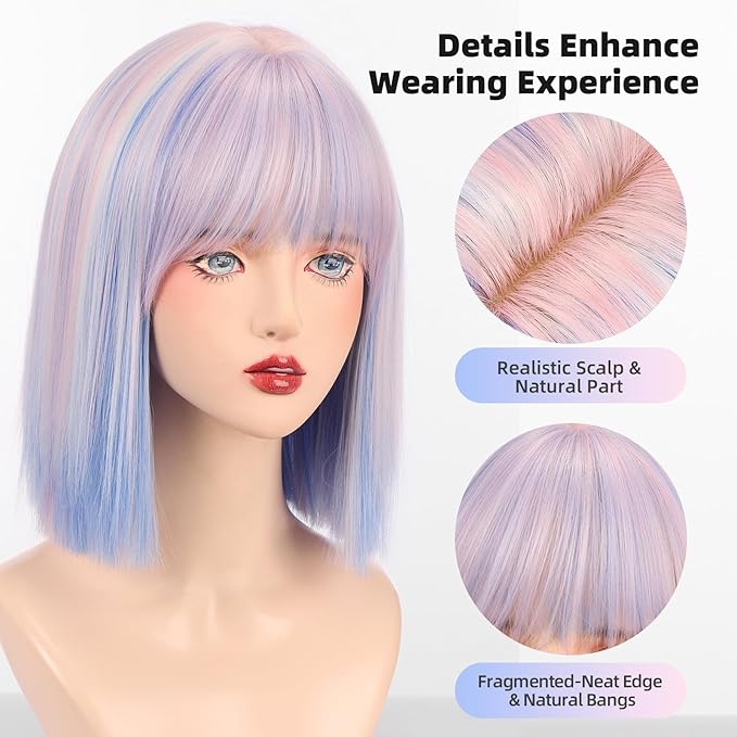 Allbell Colorful Rainbow Wigs for Women Short Bob with Bangs Heat Resistant Synthetic Hair 12 inch for Daily Party Halloween Costume Use