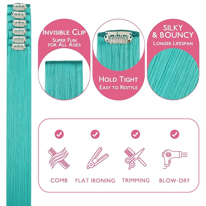 WENNALIFE Teal Green Clip in Hair Extensions Real Human Hair 35g 6pcs 14 Inch Colored Hair Extensions for Kids Women Colorful Hair Pieces Pop-up Style Straight Extensiones De Cabello Humano Con Clip