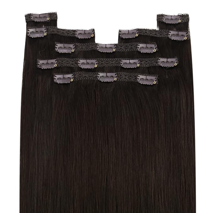 YoungSee Brown Clip in Human Hair Extensions Darkest Brown Clip on Hair Extensions Human Hair Dark Hair Extensions Clip ins for Natural Look 18Inch 120G 7Pcs