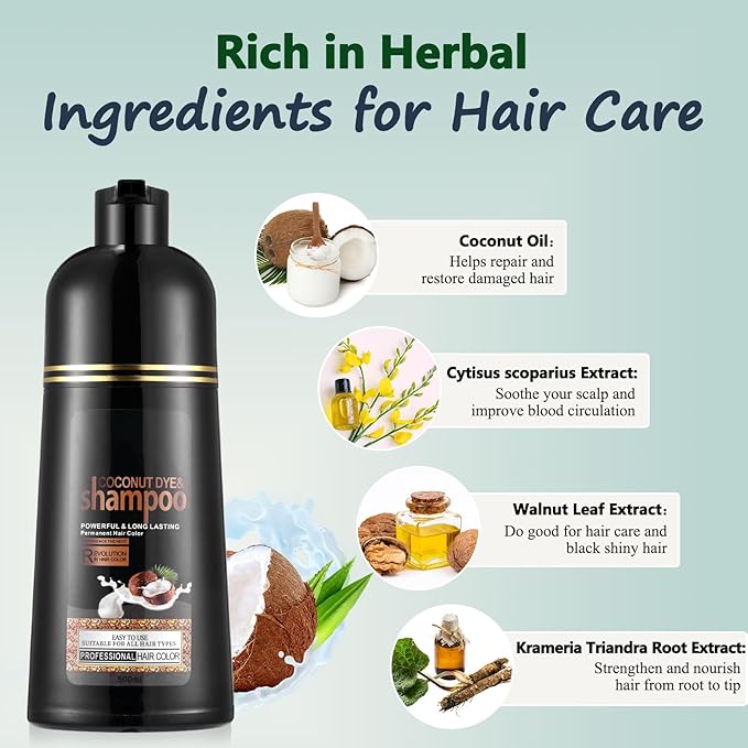 Instant Black Hair Shampoo for Gray Hair - Herbal Black Hair Dye Shampoo 3 in 1 for Women & Men,16.90 Fl Oz Black Hair Dye, Long lasting Black Shampoo, Champu Para Canas & Shampoo Para Canas(Black)