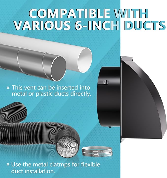 6 Inch Exhaust Vent Cover, HG Power Metal Dryer Vent Cover Outside with Removable Screen & Cushioned Non Return Flap, Air Wall Vent for House, AC, Opening Diameter: 5.7" Black