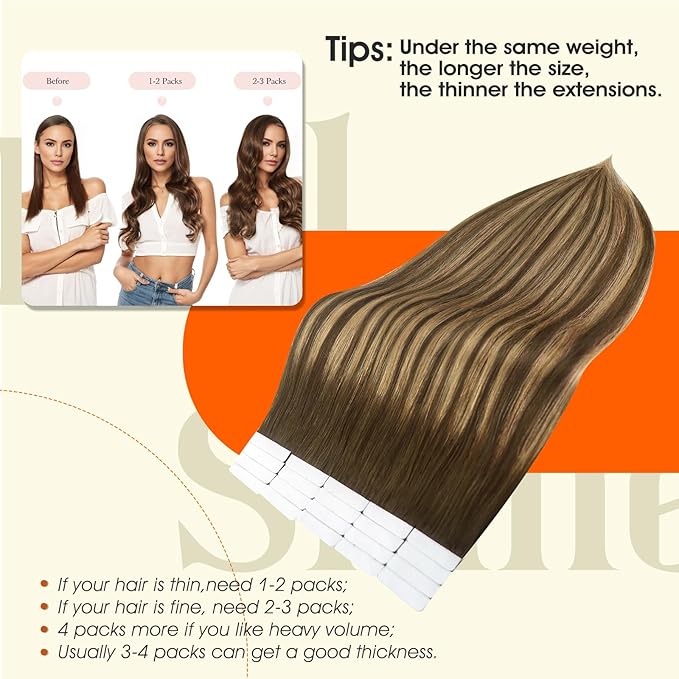 Full Shine Balayage Tape in Hair Extensions Human Hair Color 4 Brown Ombre 24 Blonde And 4 Brown Seamless Skin Weft Invisible Remy Tape in Extensions 24Inch for Women 50Gram 20Pcs Natural Straight