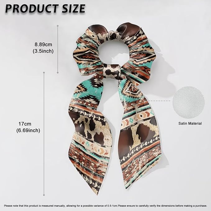 2 Pack Aztec Knotted Bow Hair Scrunchies Elastic Hair Scarf Ethnic Geometric Ribbon Scrunchy Cow Print Bow Hair Ties with Flowing Tails