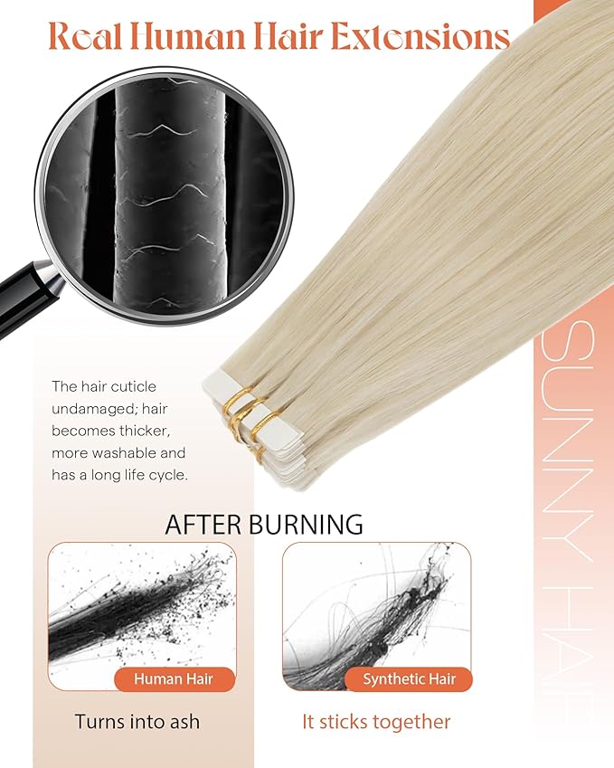 Sunny Hair Tape in Hair Extensions Human Hair 14inch Hair Extensions Real Human Hair Tape in Extensions for Women Platinum Blonde Invisible Natural Straight Skin Weft Double Sided Tape 40pcs 100g