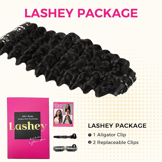 Lashey Clip in Hair Extensions 110g 7pcs Deep Wave Seamless Clip in Hair Extensions Human Hair 16 Inch Natual Black Thick Human Hair Extensions for Women