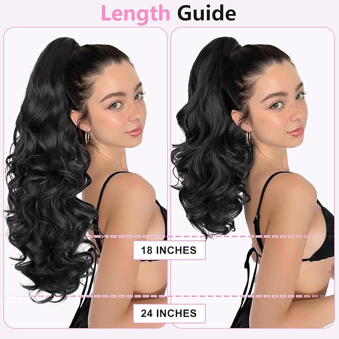 ALXNAN Ponytail Extension,18 Inch Claw Clip in Long Curly Wavy Chocolate Brown with Highlights Ponytail Hair Extension Jaw Clip on Pony Tails Hairpiece for Women