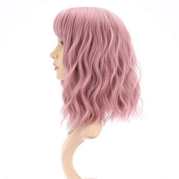 FAELBATY Short Curly Wavy Pink Wigs with Bangs Shoulder Length Synthetic Wig for Women and Girls Costume Cosplay Wigs(12" Pink)