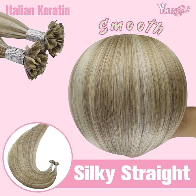 YoungSee K Tip Hair Extensions Light Brown K Tips Human Hair Extensions Highlight Light Brown With Blonde Keratin Hair Extensions U Tip Highlight 16in Hot Fusion Remy Hair Extensions for Women 50s/50g