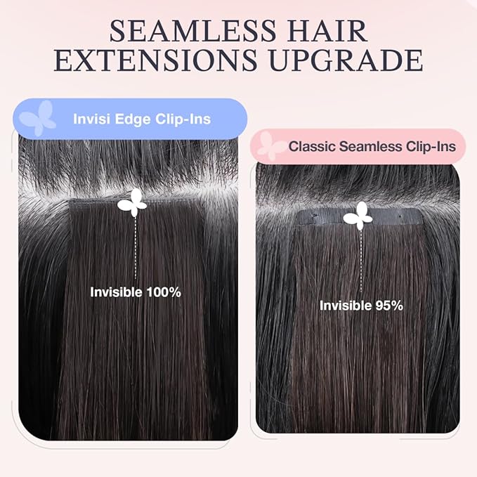 DOORES Hair Extensions Real Human Clip in 16 inch 130g 7pcs Invisi Edge, Seamless Clip in Hair Extensions Invisible Clipins Virgin Injected Skin Weft, 2/6/2 Dark Brown to Chestnut Brown