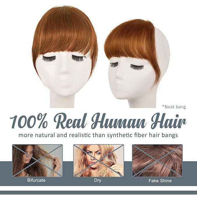 BARSDAR Real Human Hair Clip in Bangs - Human Hair Clip in Bangs for Women - Auburn Thick Bangs Extensions Fringe with Temples Dyeable Real Hair Bangs Hairpieces - Medium Auburn