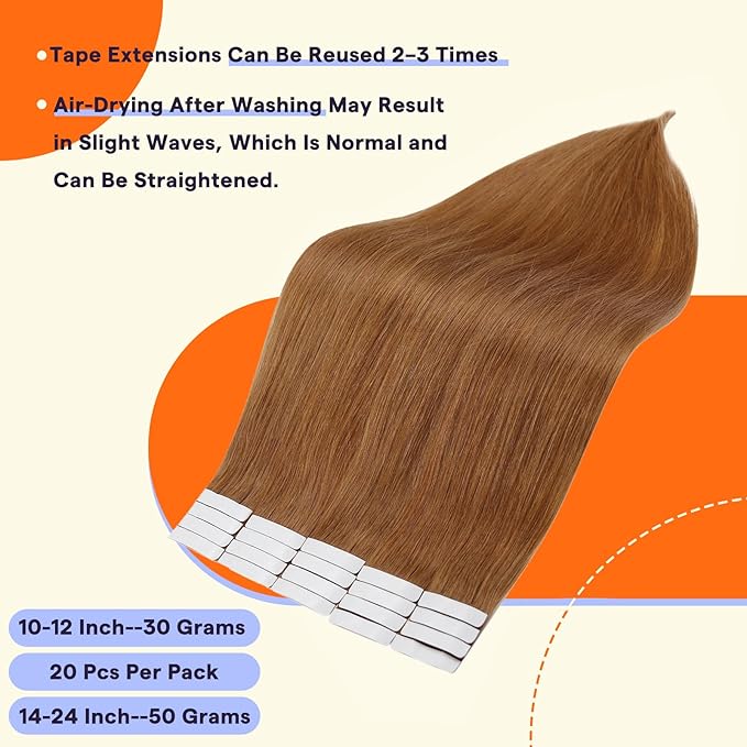Full Shine Human Hair Extensions Tape Ins Color 330 Auburn Invisible Tape in Hair Extensions Human Hair 20 Inch Remy Tape Extensions for women 50g 20PCS Add Length