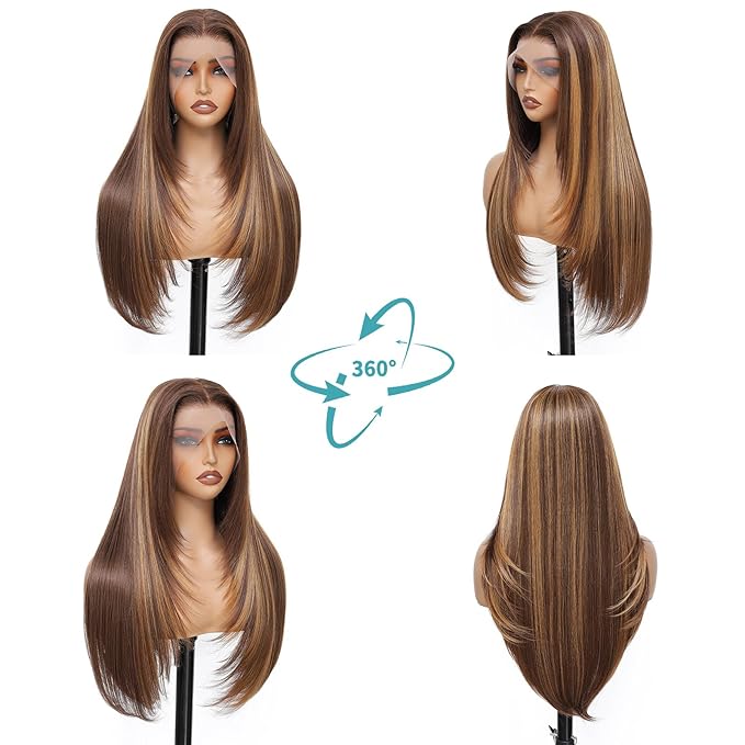 Honey Blonde 13x4 HD Lace Front Wig 26inch Layered Synthetic Lace Pre Plucked Straight Glueless Wigs for Black Women with Sunkissed Highlights