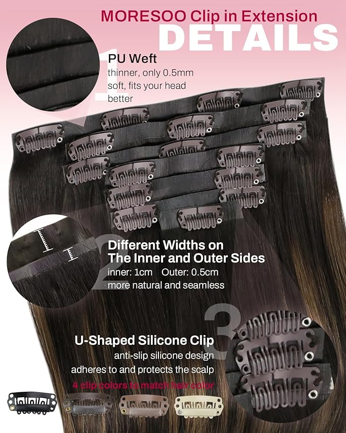 Moresoo Seamless Clip in Hair Extensions Balayage Seamless PU Weft Clip in Human Hair Extensions Ombre Dark Brown Mixed Chestnut Brown 7pcs 120g 22inch