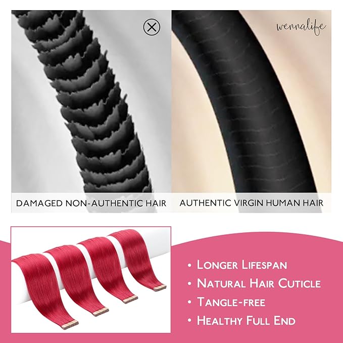WENNALIFE Tape In Hair Extensions Human Hair Red 10pcs 20g 10 inch Remy Invisible Tape Ins Straight Colored Soft Real Human Hair Tape In Extensions Refill Set Extensions
