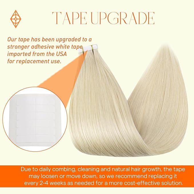 Full Shine Blonde Tape in Hair Extensions Human Hair 20Inch Tape in Extensions Color 60 Bleach Blonde Double Sided Tape 20Pcs Seamless Skin Weft Remy Natural Hair Extensions Tape ins 50G Brazilian