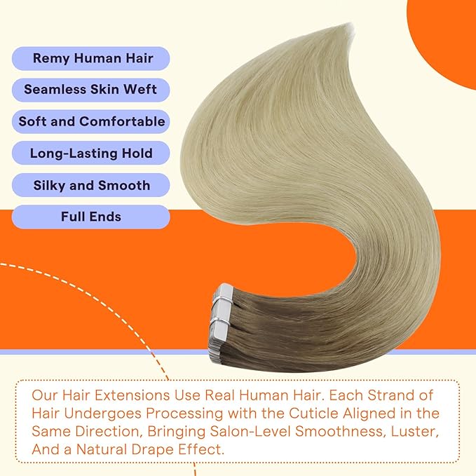 Full Shine Tape Ins Human Hair Extensions 20 Inch Color 3 and 8 Brown Fading to 613 Bleach Blonde Seamless Skin Weft Tape in Hair Extensions 50 Grams Natural Straight Remy Hair 20PCS for Wedding