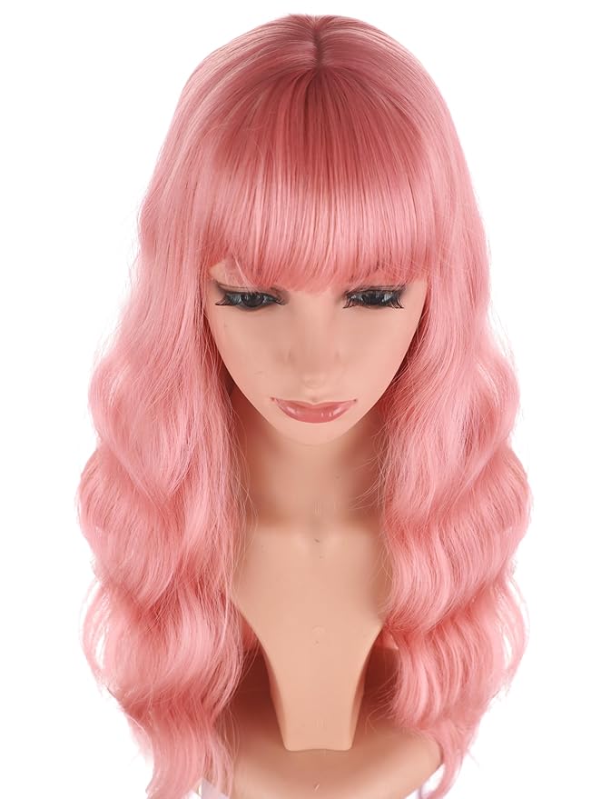 Pink Hair Wavy Wigs With Bangs For Women Synthetic Pink Wigs For Daily Use Everyday Wear.