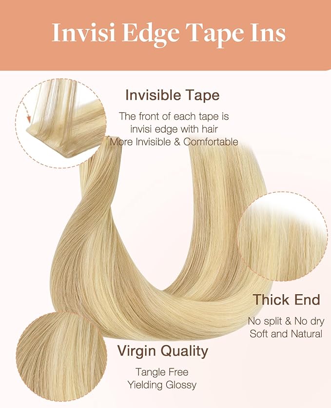 GOO GOO Invisi Edge Tape in Hair Extensions Human Hair, 18ET90A Natural Blonde Balayage 20pcs 10inch 30g, Virgin Remy Hair, Seamless Injected Tape, Natural Look