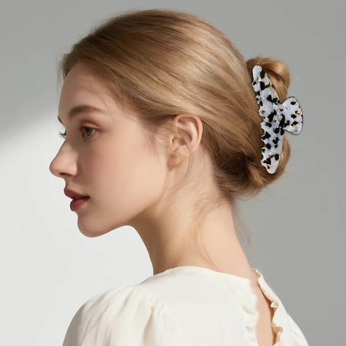 French Hair Claw Clips for Women Grils,4 Inch Strong Hold No Slip Grip Accessories Acetate Material,Not Easily Damaged,Thick or Thin Hair (White & Brown)
