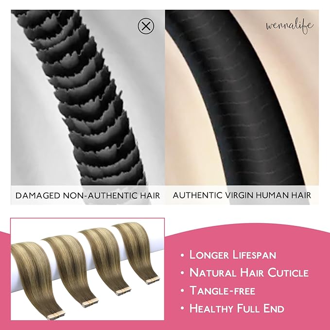 WENNALIFE Tape in Hair Extensions Human Hair Ombre Walnut Brown to Ash Brown and Bleach Blonde Tape in Extensions, 10pcs 30g 24 inch Remy Hair Invisible