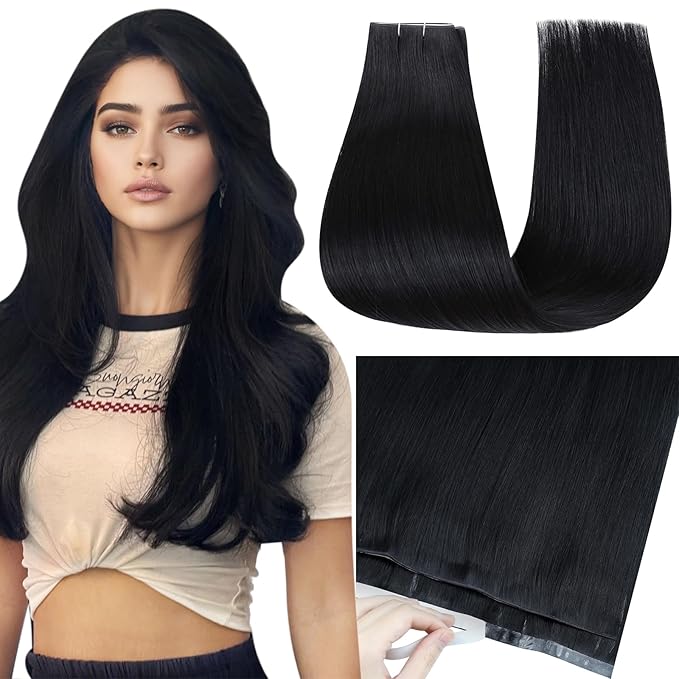 Full Shine Double Weft Tape in Hair Extensions Color 1 Jet Black Silky Straight Tape in Weft Hair Extensions PU Genius Weft Cuticles Aligned Brazilian Hair 20Inch 50G for Casual Outings
