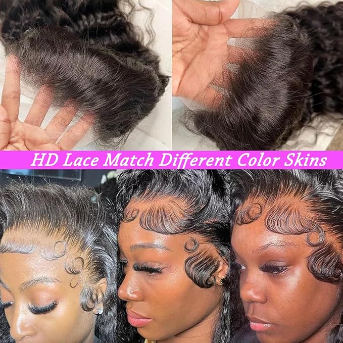 Aomllute 34 Inch Lace Front Wig Human Hair Pre Plucked 200 Density 13x4 HD Deep Wave Lace Frontal Wigs Human Hair with Baby Hair Curly lace front Wigs for Women Natural Black