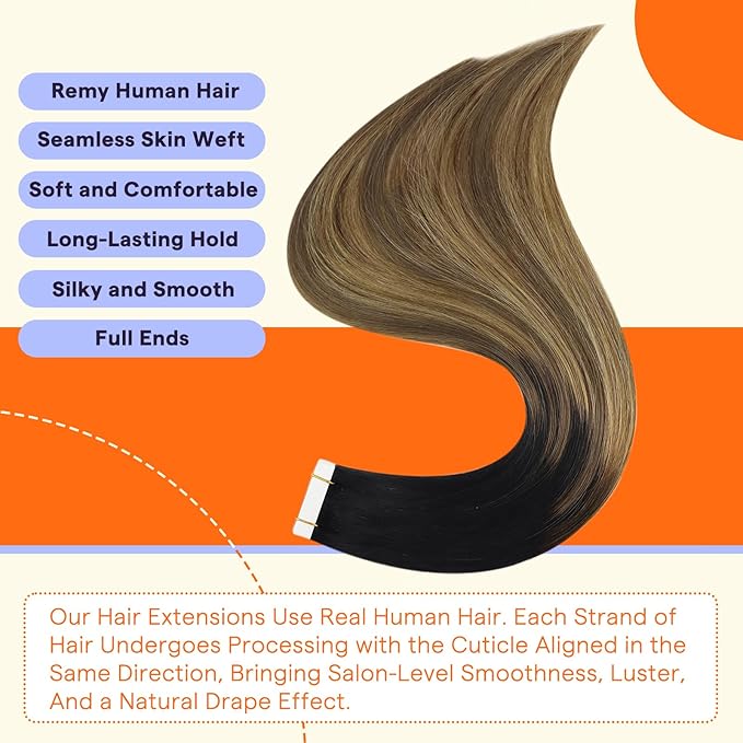 Full Shine Hair Extensions Real Human Hair Tape in Color 1B Off Black Fading to 6 and 27 Honey Blonde Straight Seamless Skin Weft Remy Tape in Extensions Human Hair 14 Inch 20PCS 50g Add Volume
