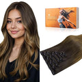 DOORES Clip in Human Hair Extensions, Chocolate Dip Color Melt 12 Inch 7pcs 80g, Real Remy Hair Long Natural Straight Thick Clip in Extensions