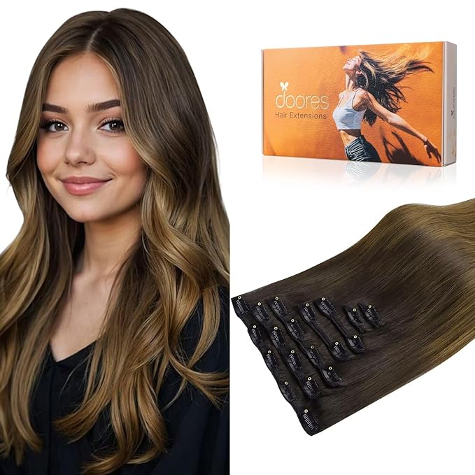 DOORES Human Hair Extensions Clip Ins, Chocolate Dip Color Melt 18 Inch 7pcs 120g, Clip in Hair Extensions Remy Natural Hair Extensions Thick Silky Straight Hair