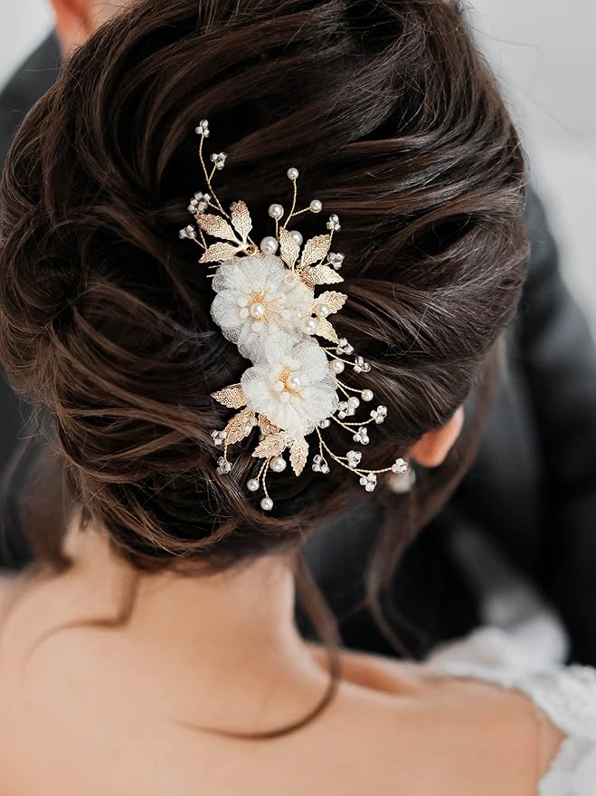 SWEETV Flower Bride Wedding Hair Comb of Fabric Material with Light Weight Pearl and Crystal Accents, Gold Color, 13*6 cm, for Brides Women and Girls Party Prom Gift