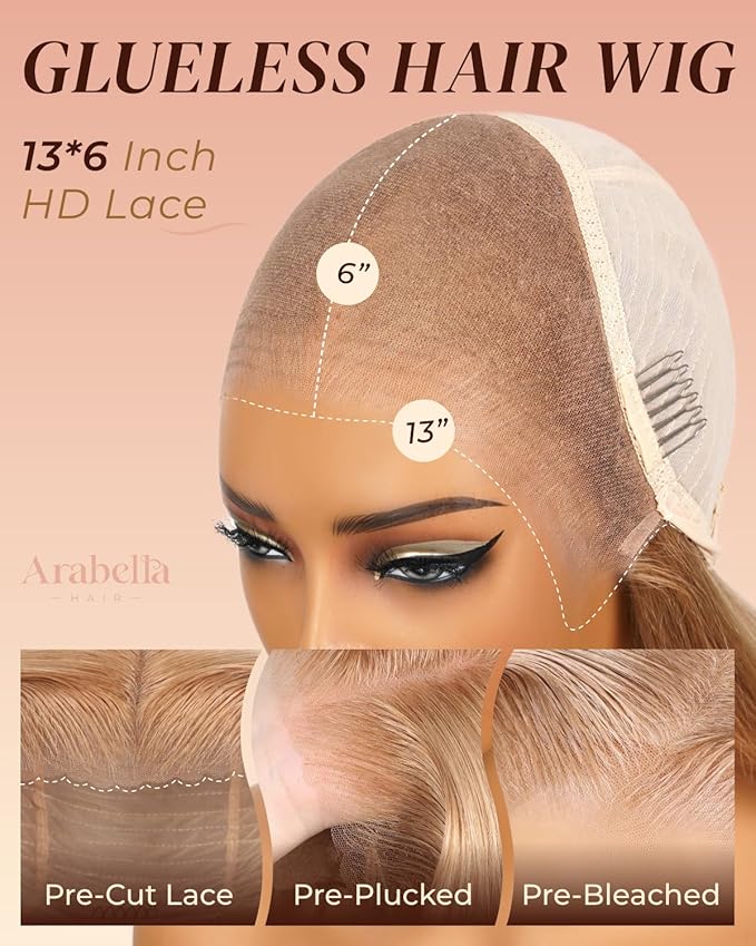 Arabella 13x6 Light Brown Blonde Wig Human Hair Glueless Wigs Human Hair Pre Plucked Pre Cut 13x6 Ear to Ear Full HD Lace Front Wigs 210% Density Straight Wig Drawstring Wig Human Hair 24 Inch