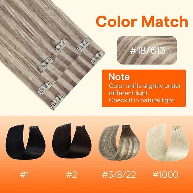 Full Shine Seamless Clip in Hair Extensions Real Human Hair, Ash Blonde with Blonde Highlight, Invisible PU Weft Remy Human Hair Extensions Fill Ins, 4Pcs 18Inch 85 grams