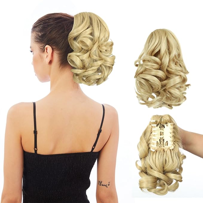 Ponytail Extension, Clip on Ponytails for Women, 9" Claw Clip in Short Curly Wavy Pony Hair Extension for Women - Light Honey Blonde