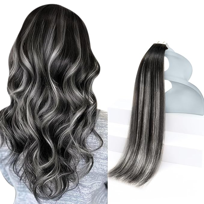 Sunny Hair Tape in Hair Extensions Real Human Hair Invisible Remy Hair Extensions Tape ins for Women Natural Black Roots to Silver Grey Balayage 18 inch 20Pcs 50G