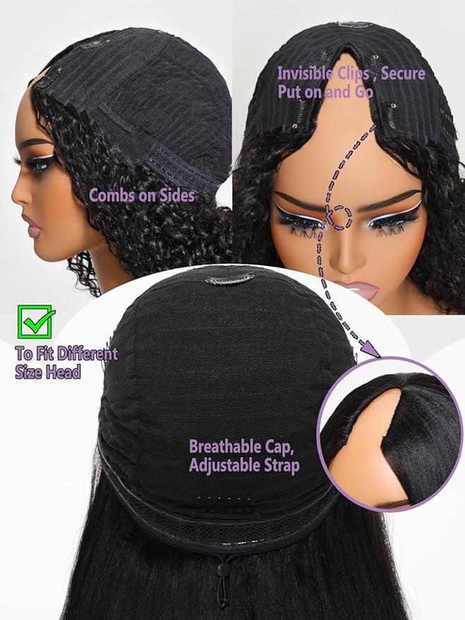 YIROO EasiContour V Part Wigs Ombre Brown Glueless Human Hair Upgrade U Part Wig with Dark Roots Highlight V Shape Clip Wigs Beginner Friendly with Drawstring Ready to Wear Chestnut Brown Color 24Inch