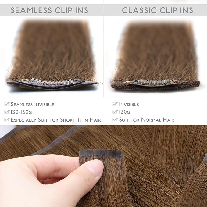 WENNALIFE Seamless Clip In Hair Extensions Human Hair, 20 Inch 150g 7pcs Light Auburn Brown Real Hair Extensions Clip in Human Hair Invisible PU Skin Weft Natural Remy Human Hair Extensions