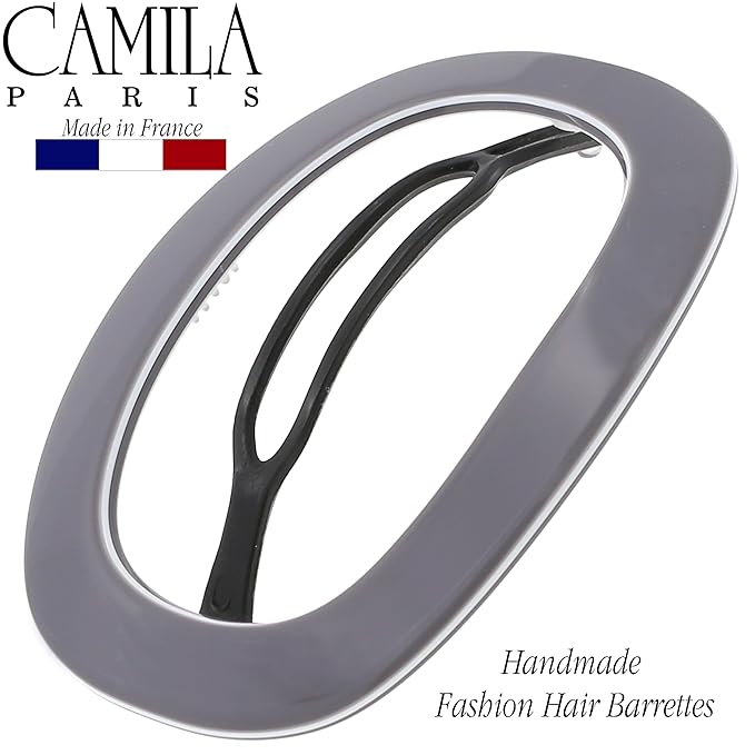 Camila Paris CP3356 French Hair Barrette Clip for Women, Handmade, Gray White, Slide-in Metal-Free Closure, Strong Hold Grip Hair Clips for Girls, No Slip Durable Hair Accessories, Made in France