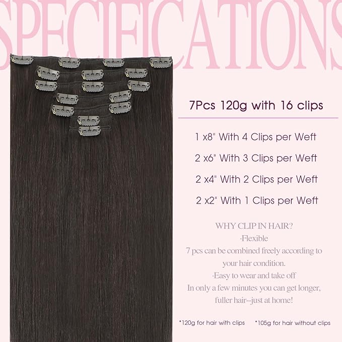 PINKPEARL Human Hair Extensions Clip ins 20inch Clip in Hair Extensions #2 Dark Brown Real Human Hair Clip on 120g 7pcs Remy Hair Clip ins for Women(#2-20)